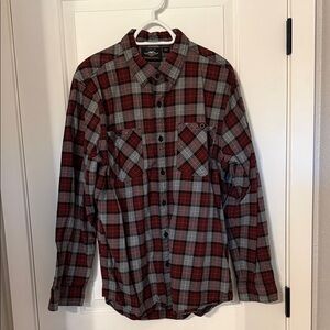 Men's Red and Gray Plaid Button-Down Flannel Shirt